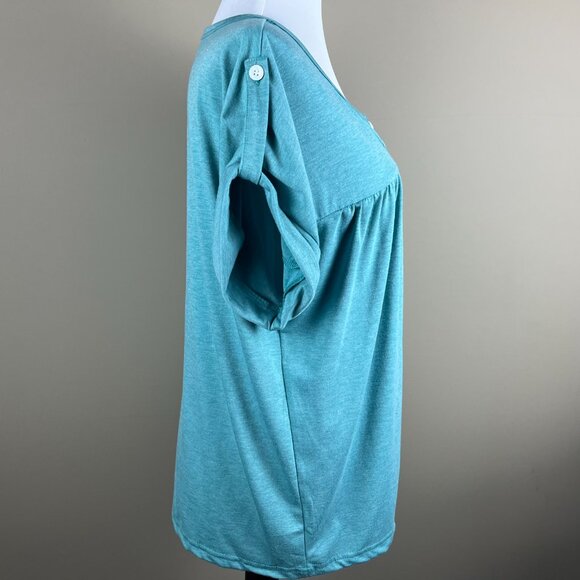 Elizabeth Kelly NWT Short Sleeve Blouse Size XL Green,V-neck Partial Button Down - Picture 3 of 8